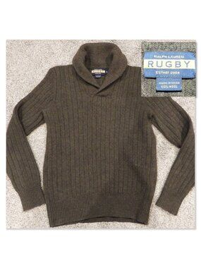 Ralph Lauren RUGBY Sweater Brown Shawl Collar 100% Wool Women's Small